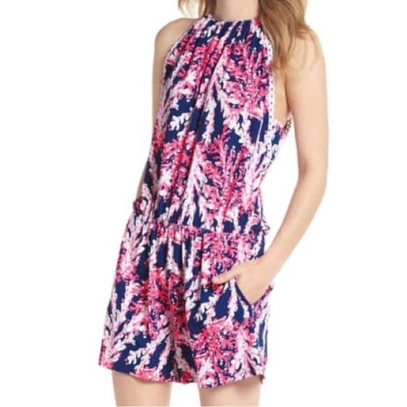 Lilly Pulitzer Gianni Romper Beyond the Sea Coral Print Pink Blue - Picture 1 of 8